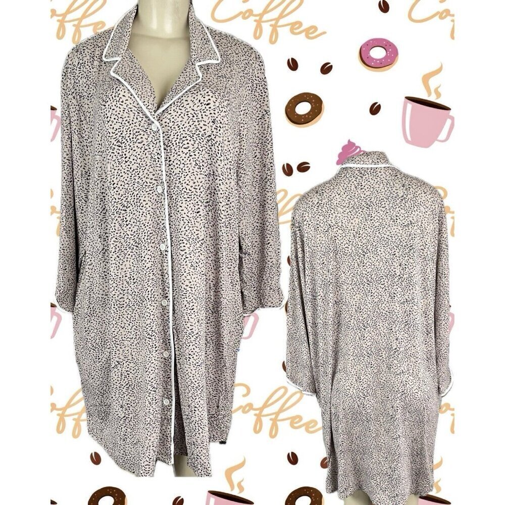 Jones New York XL Beige-Brown Print Button Down Front Collar 3/4 Sleep Shirt
